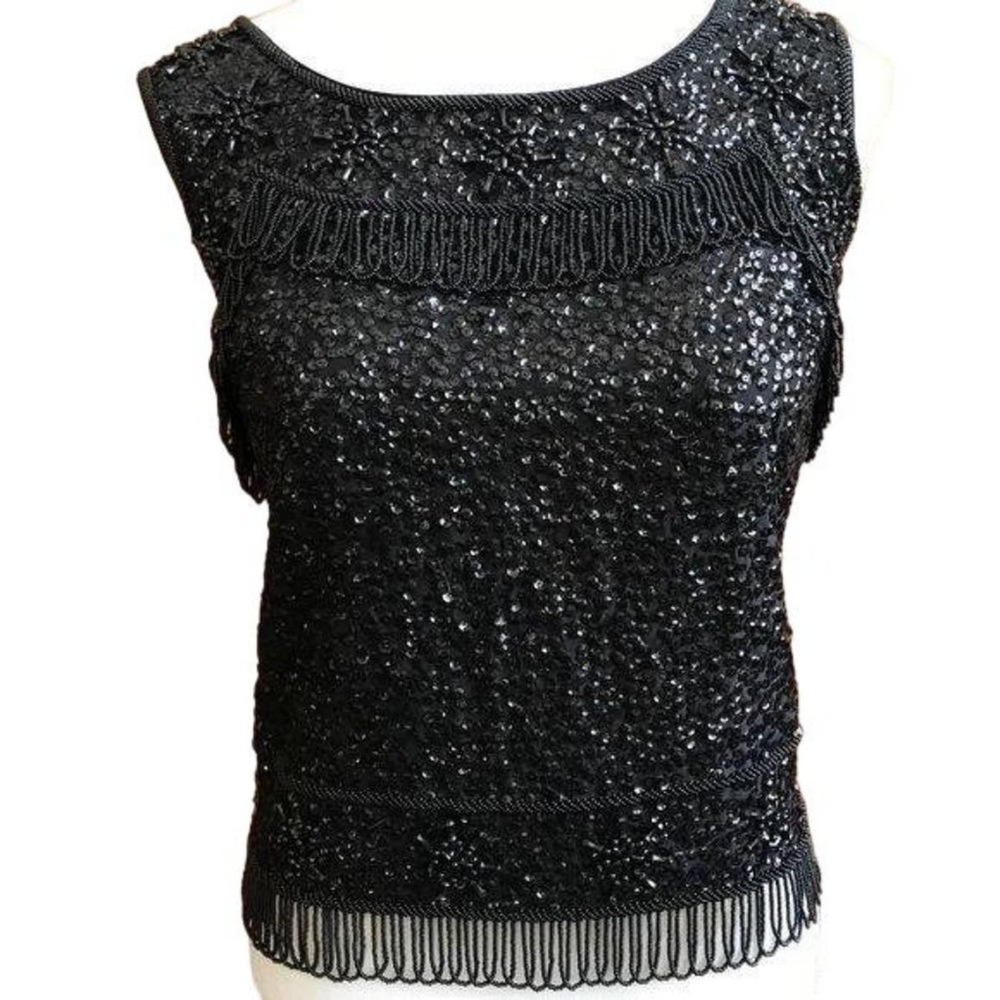 Vintage Dance Top Sleeveless Festival Party Sequin Fringe Heavily Beaded XS